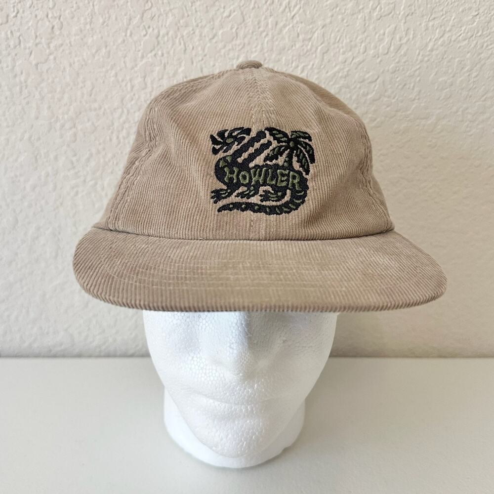 HOWLER BROTHERS Strapback Hat Khaki Gator Palm Embroidered Corduroy Adjustable